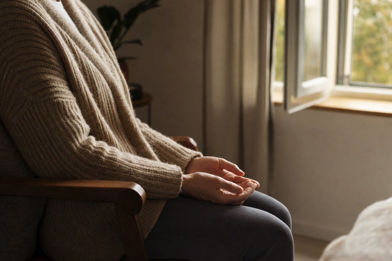 Hands resting quietly in a lap by an open window