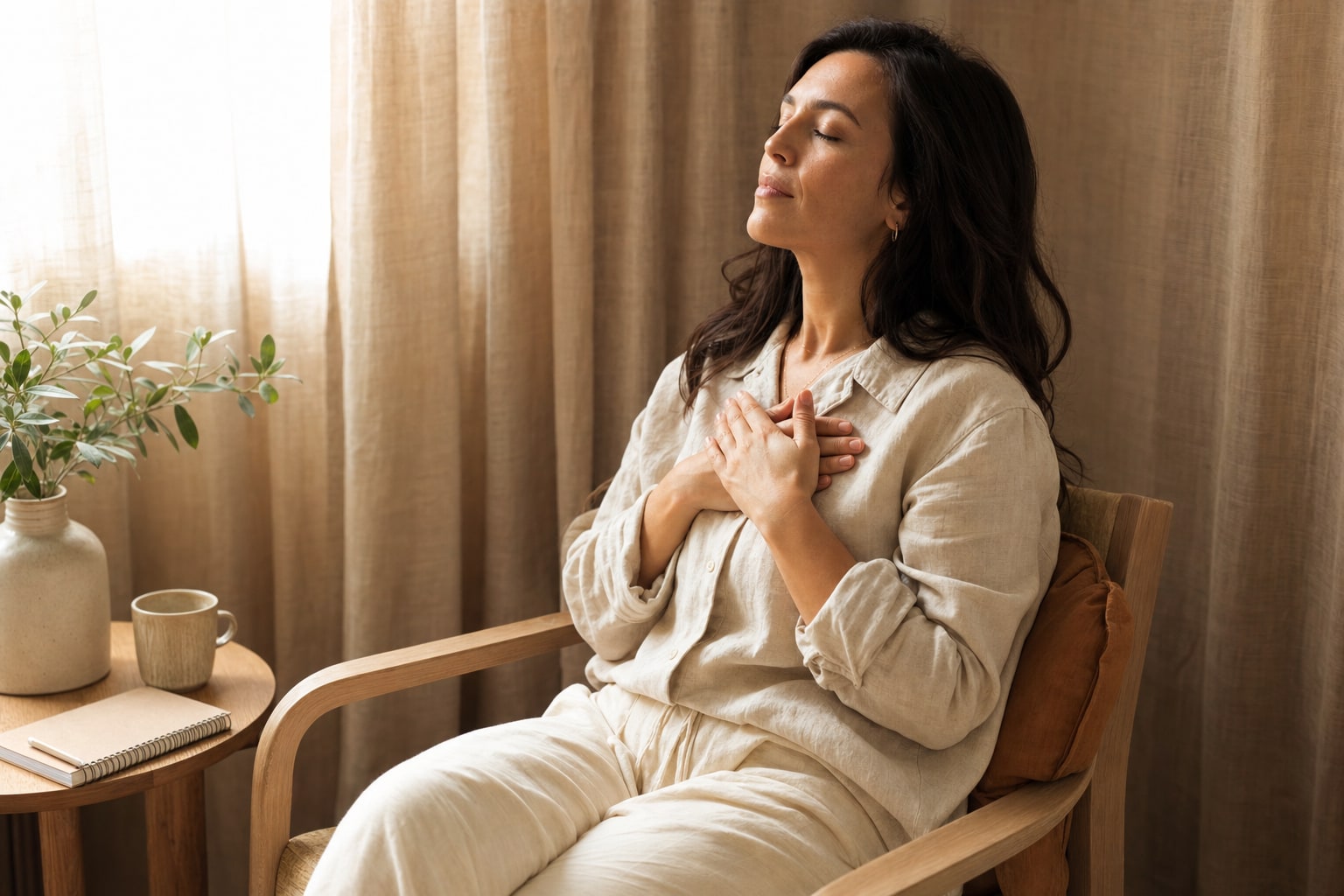 A quiet moment of self-reflection with hands resting at the chest