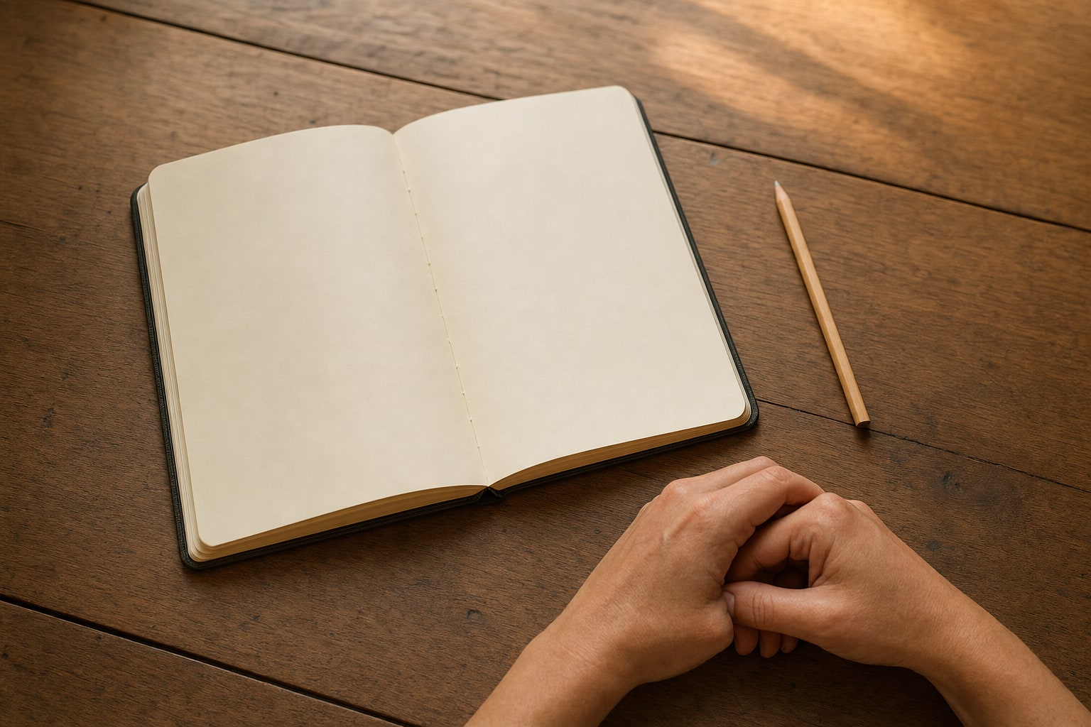 An open blank notebook prepared for reflective study