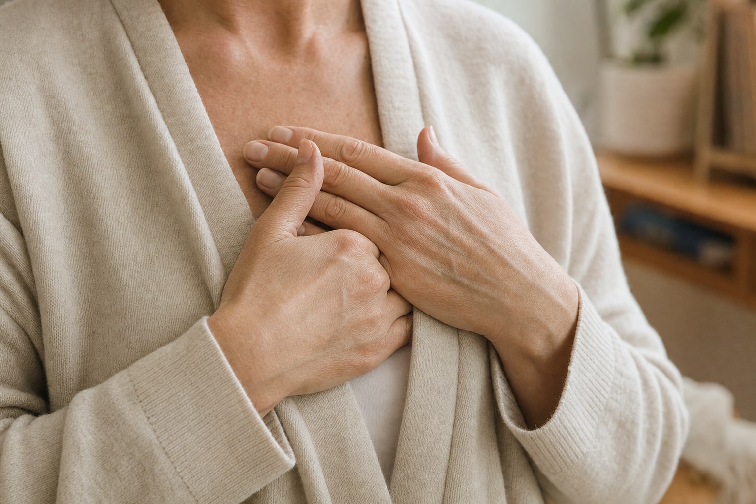 Relaxed hands resting gently at the upper chest