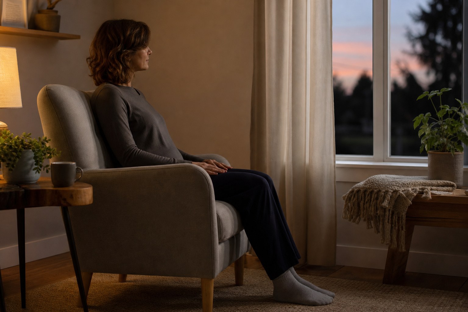 A quiet evening pause in a comfortable chair by a window