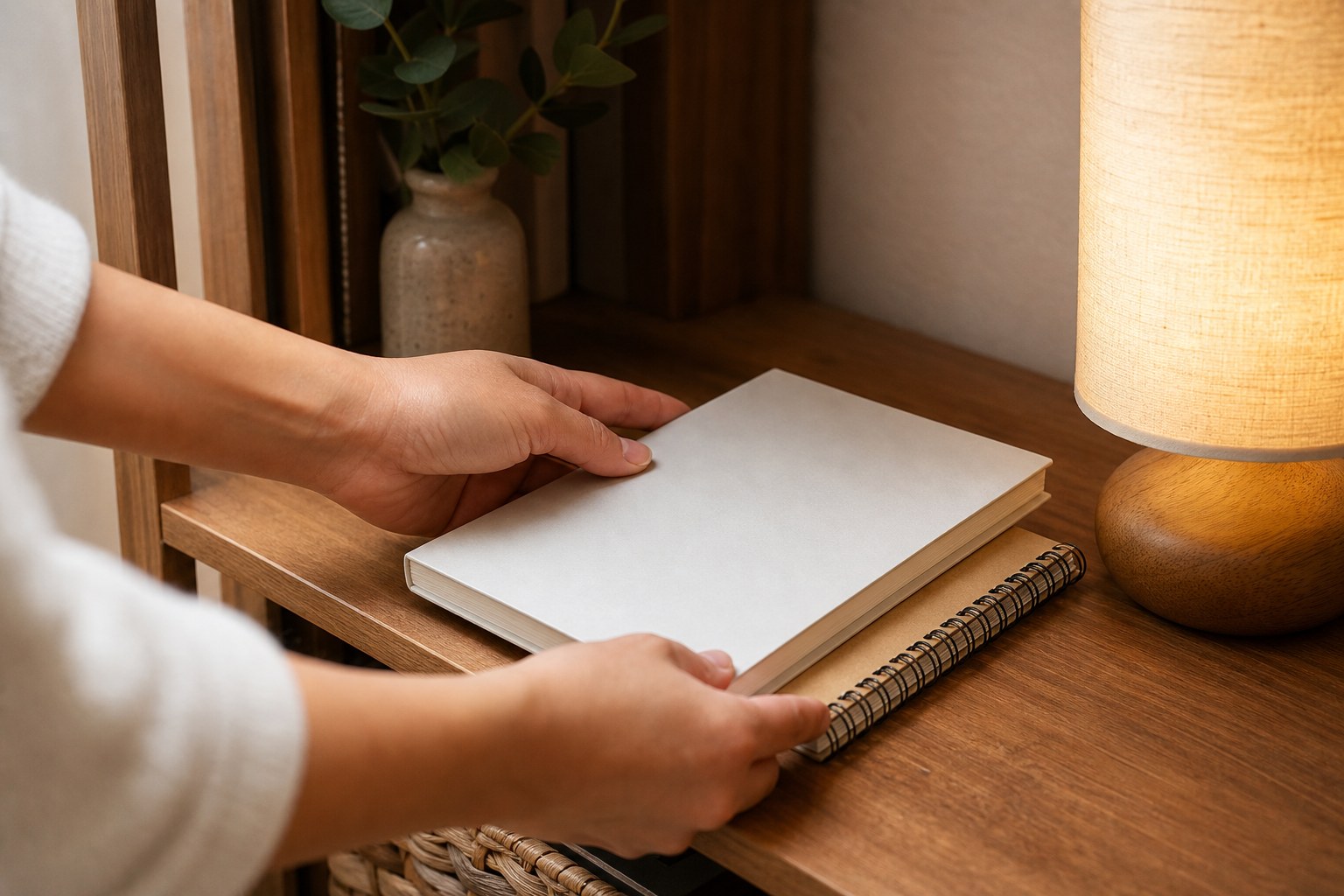 Hands putting a notebook and study materials back on a wooden shelf
