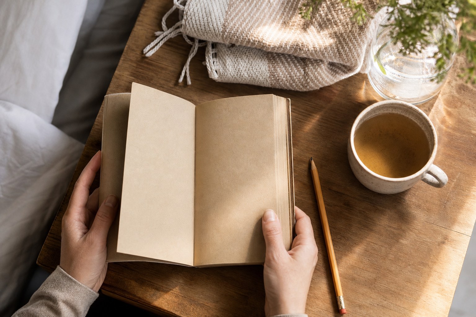 Hands opening a blank journal beside tea and a folded blanket