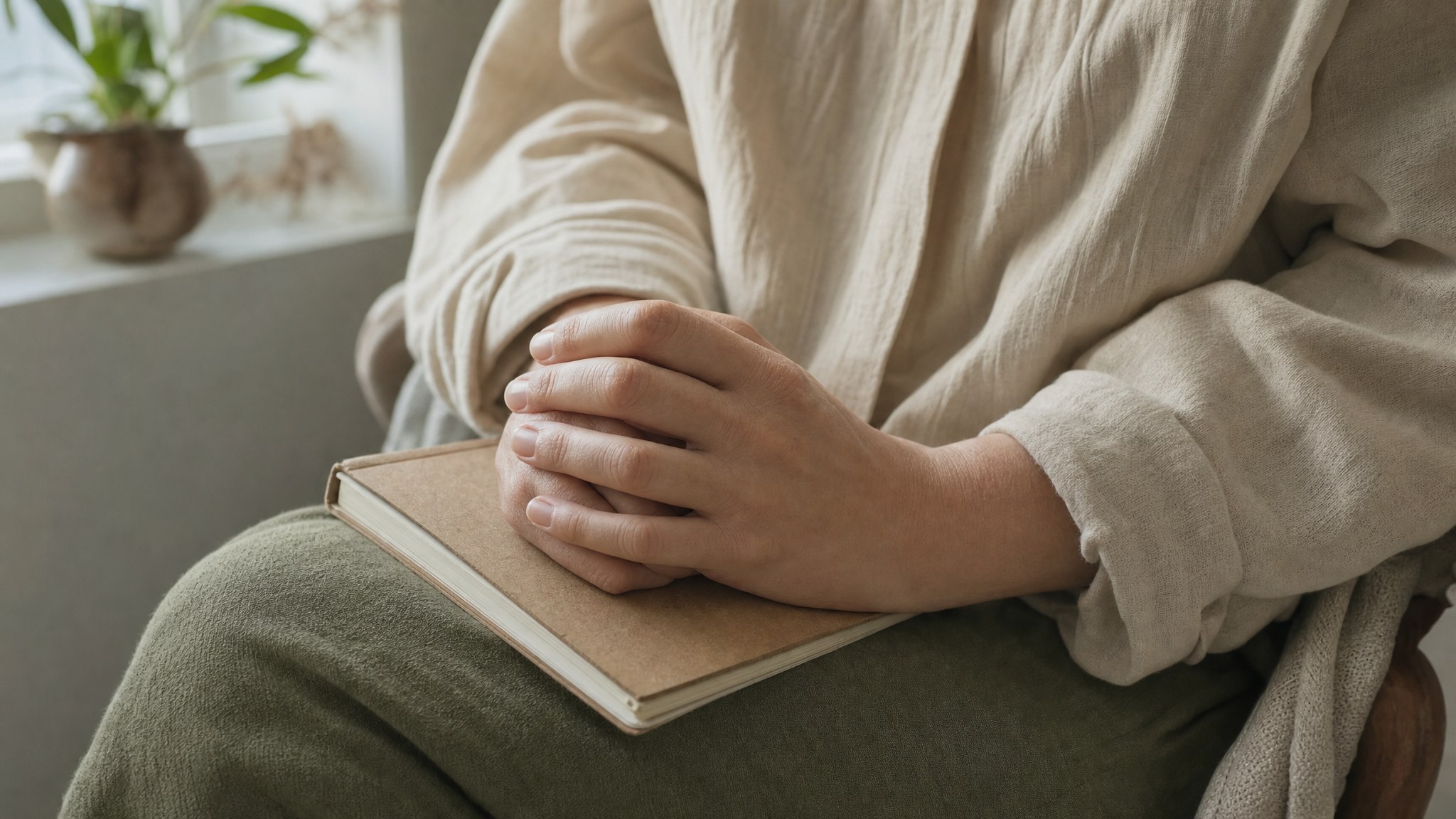Hands resting over a notebook during a quiet moment of reflection