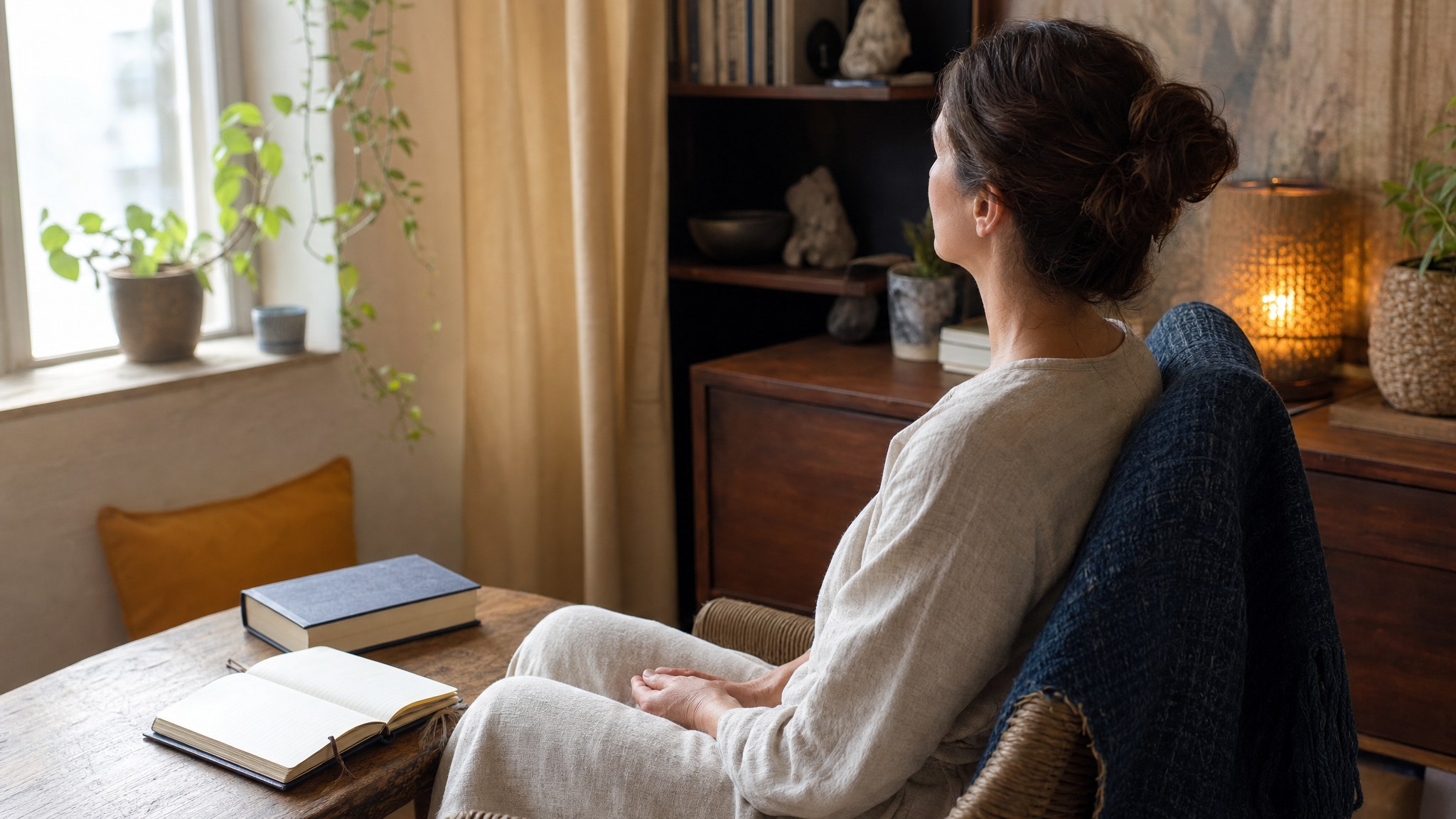 A person seated quietly with an open notebook and book