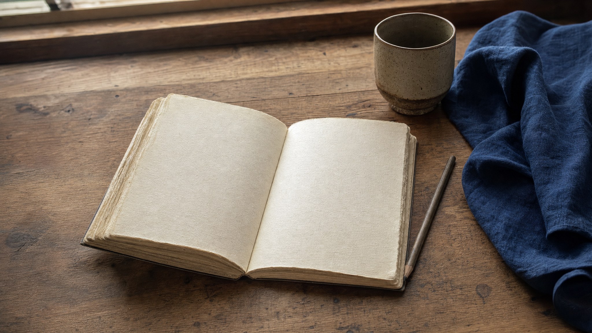 An open notebook, pencil and ceramic cup on a wooden table