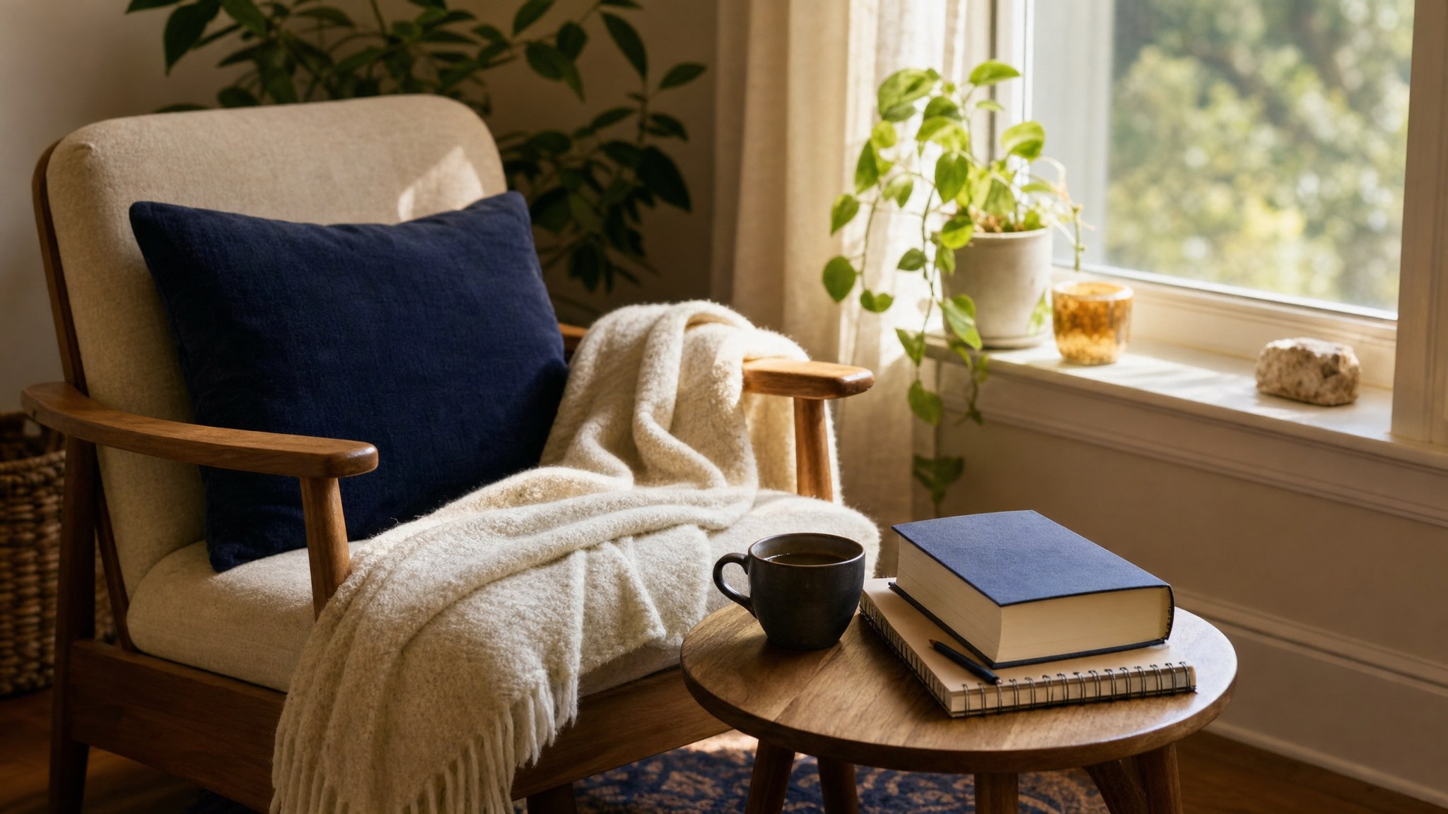 A comfortable chair with a blanket, notebook and book beside a window