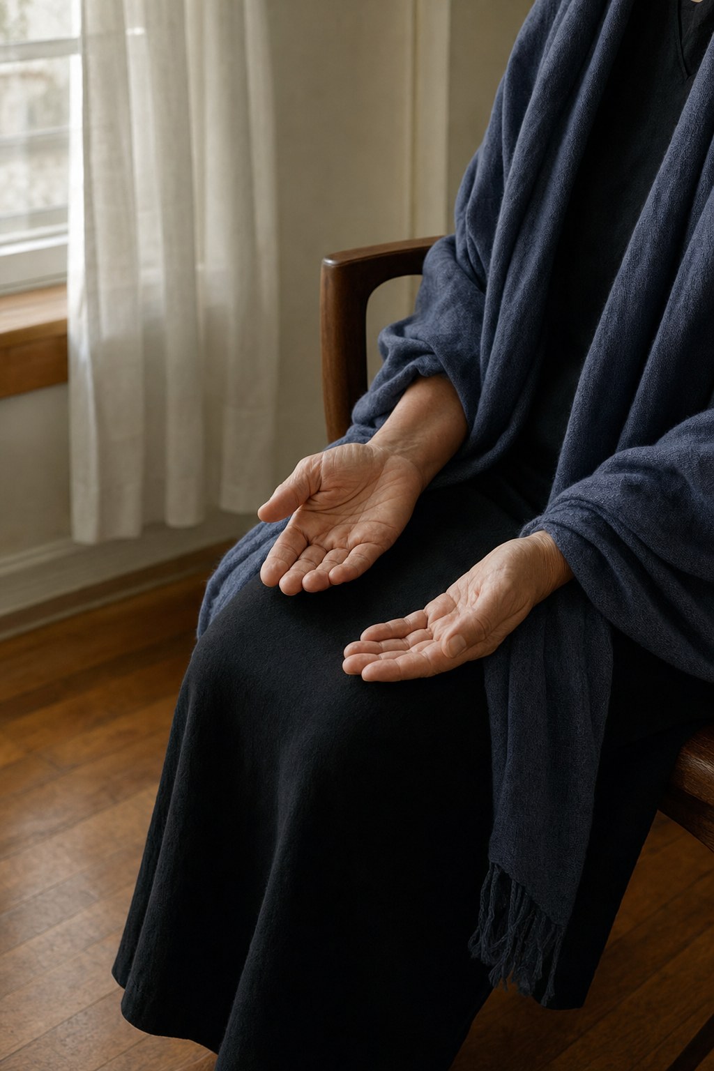 Hands resting open on knees in a quiet chair by a window