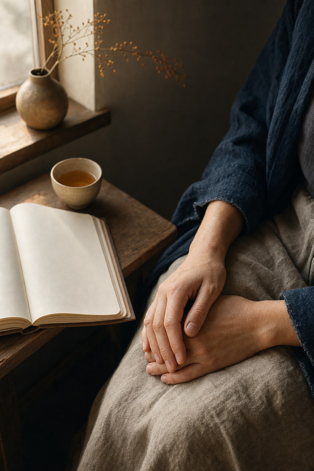 Hands resting quietly beside an open journal