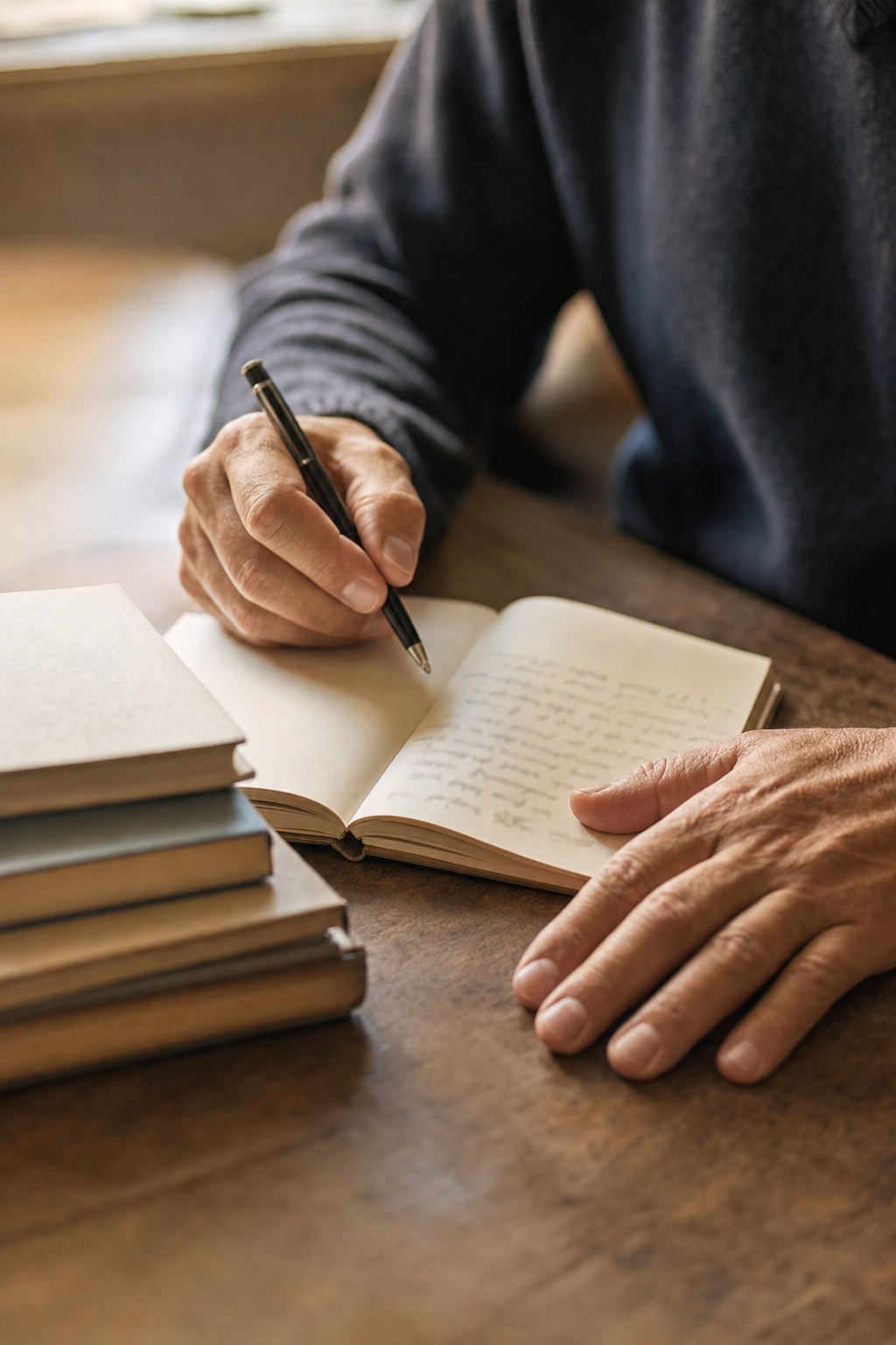 Hands writing quiet reflections in an open study journal