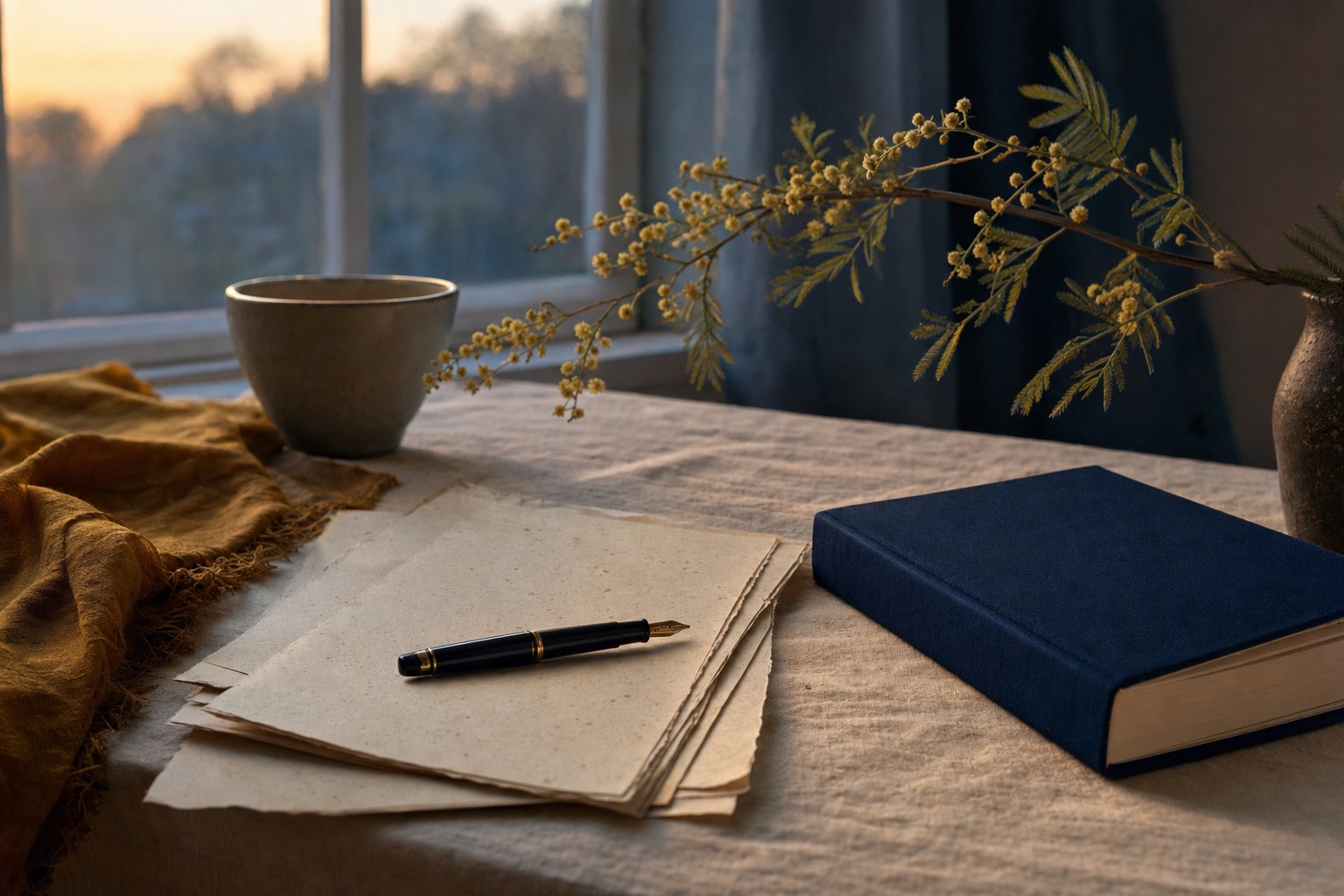 Quiet study table with an indigo book and handwritten notes