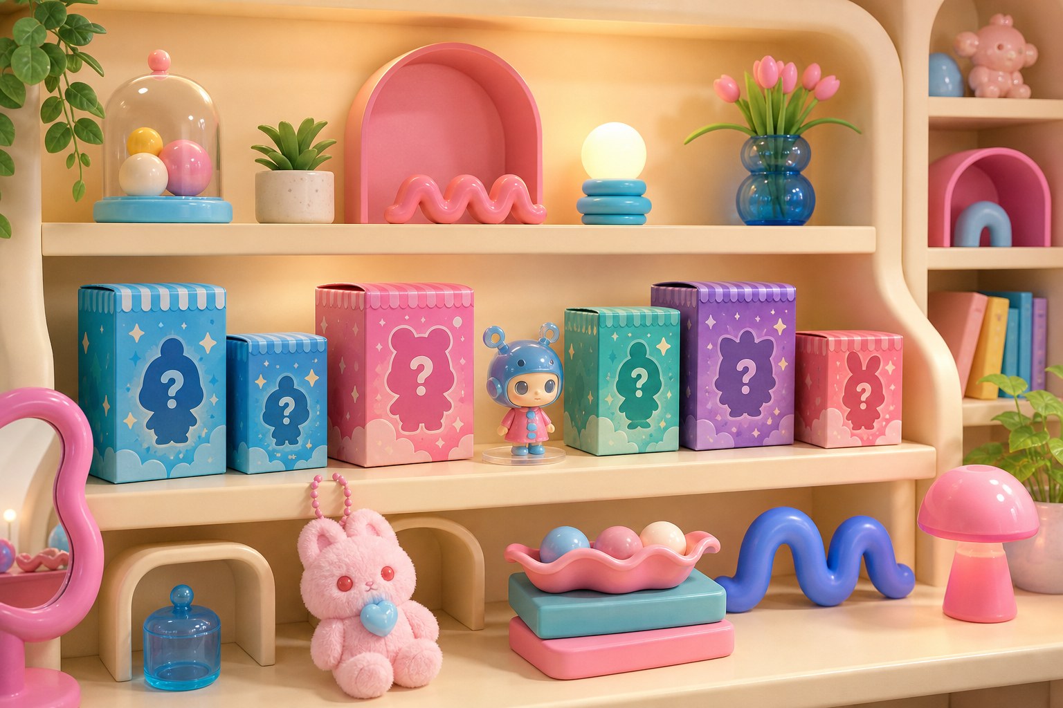 Playful shelf of colorful generic mystery collectible boxes