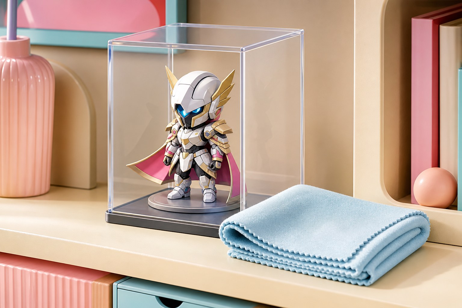 Generic miniature collectible figure protected in a clear display case with a soft cleaning cloth nearby