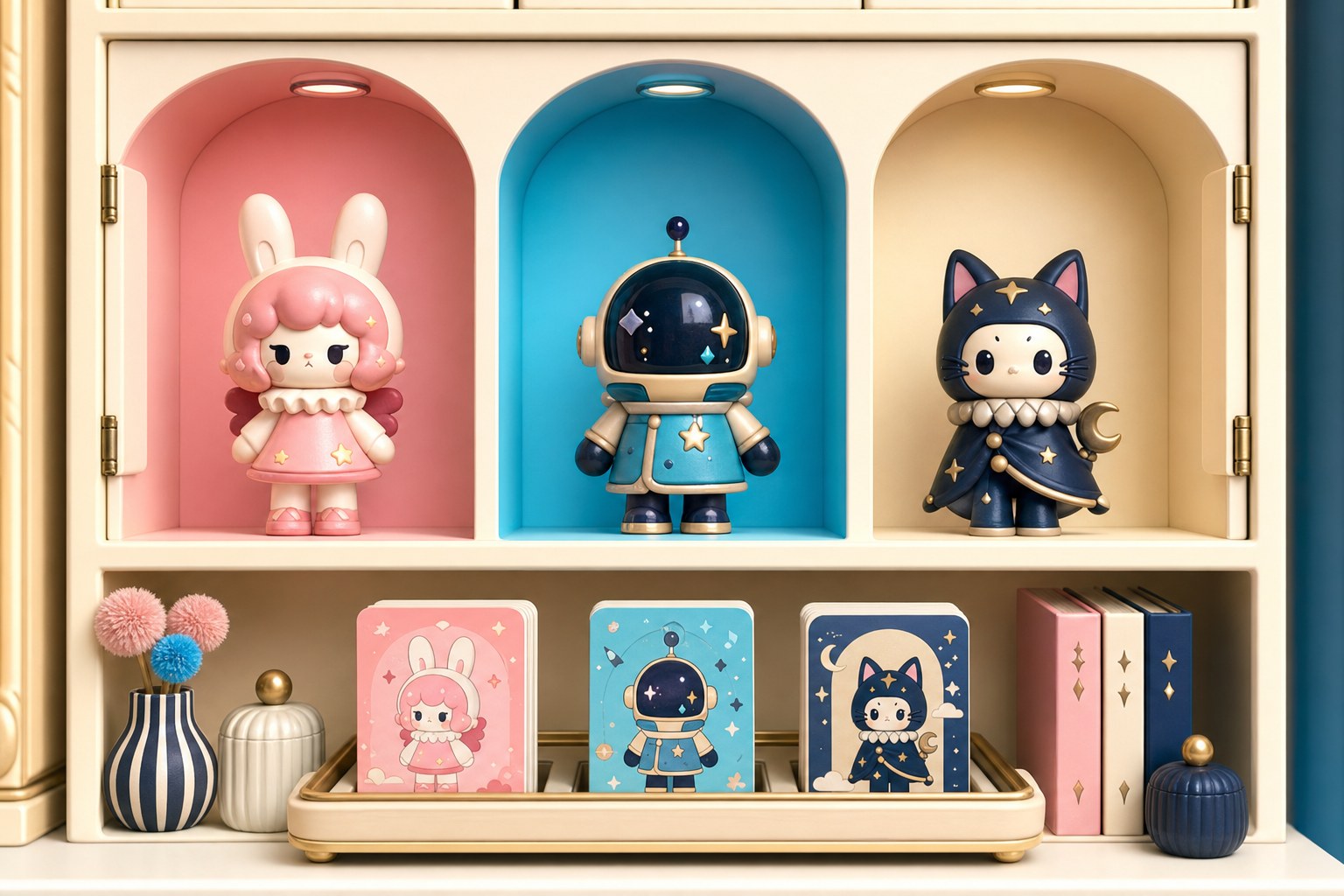 Three generic pastel mini collectible figures safely displayed in small shelf cubbies