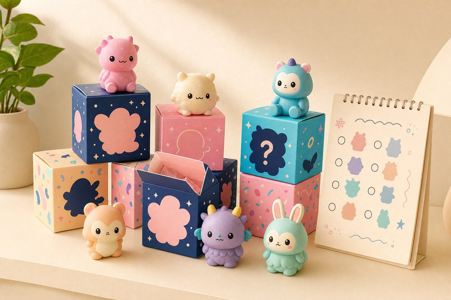 Pastel mystery collectible boxes and tiny generic figures arranged on a shelf