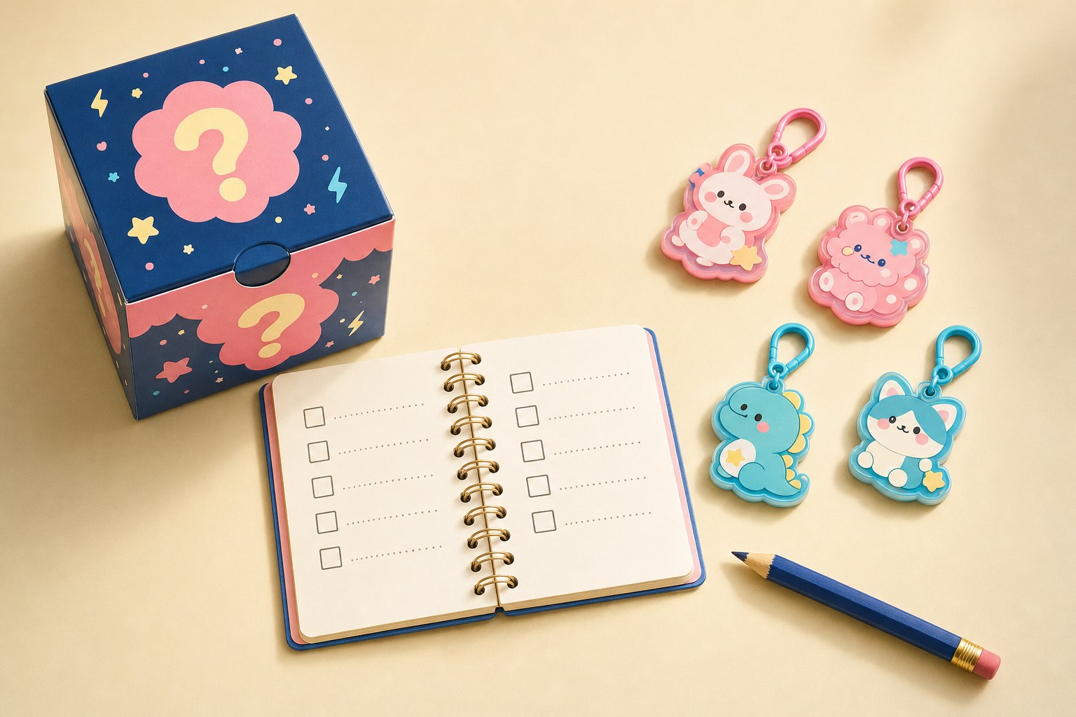 Generic mystery box, checklist notebook, pencil, and duplicate collectible charms on a tabletop