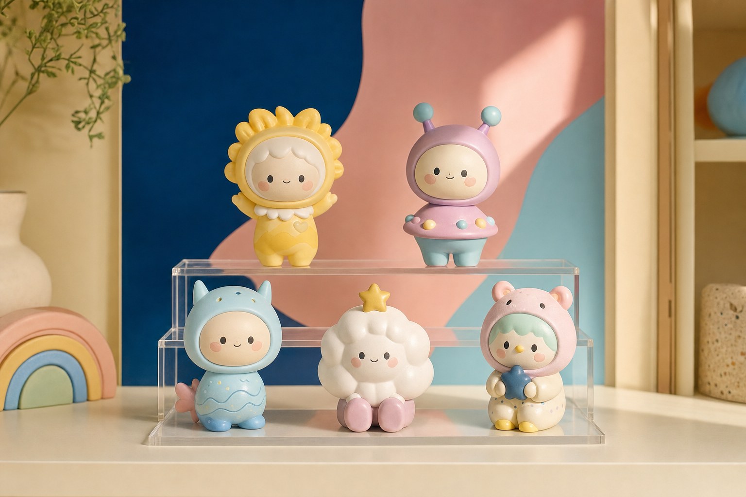 Original pastel mini collectible figures displayed on clear tiered risers