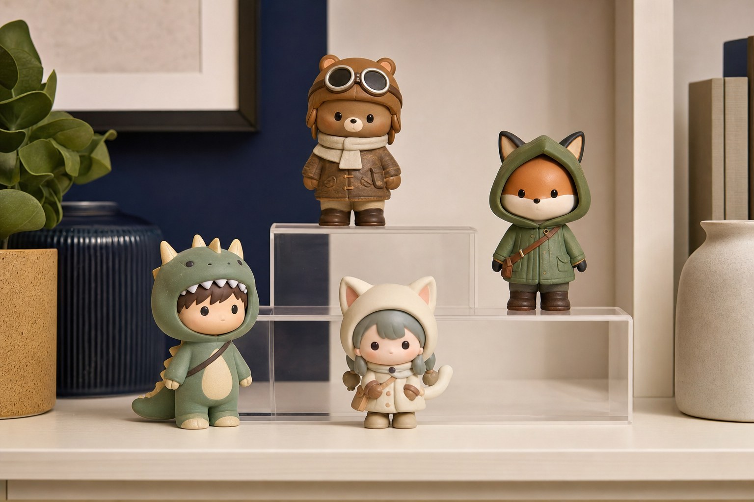 Original miniature collectible figures arranged at different heights on clear risers