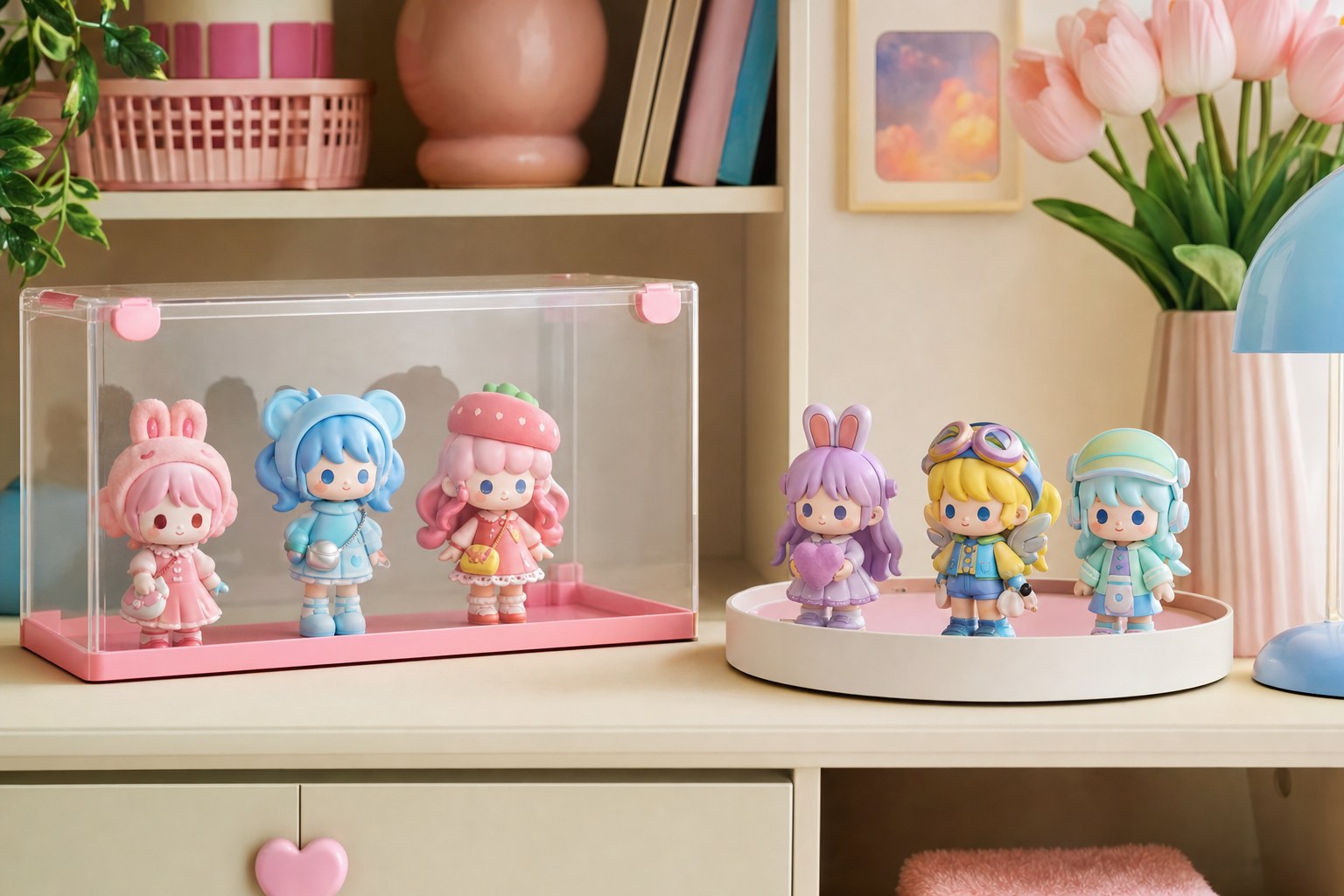 Original mini collectible figures in a clear display box beside a neat rotation tray