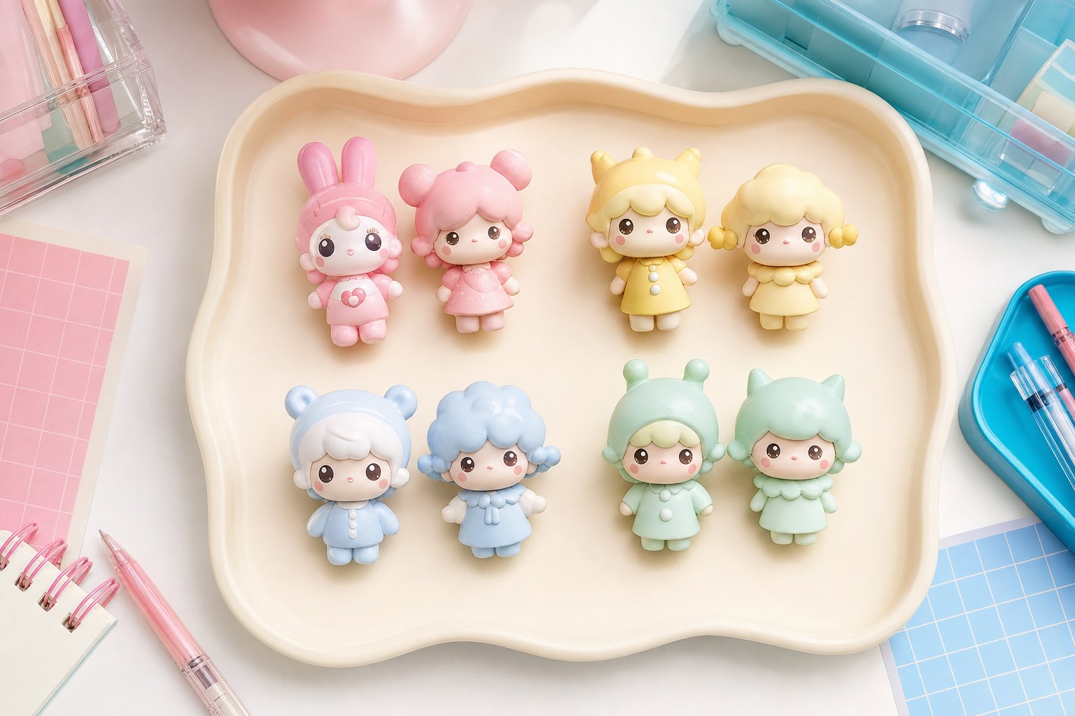 Original mini collectible figures grouped by pastel color on a cream tray