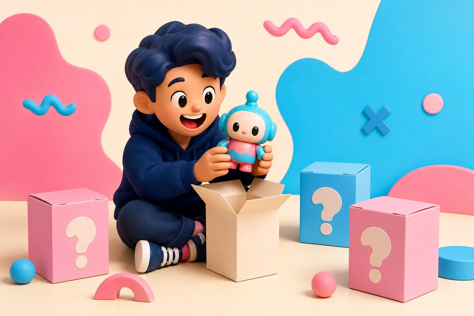Collector opening a generic mystery toy box with pastel surprise boxes nearby