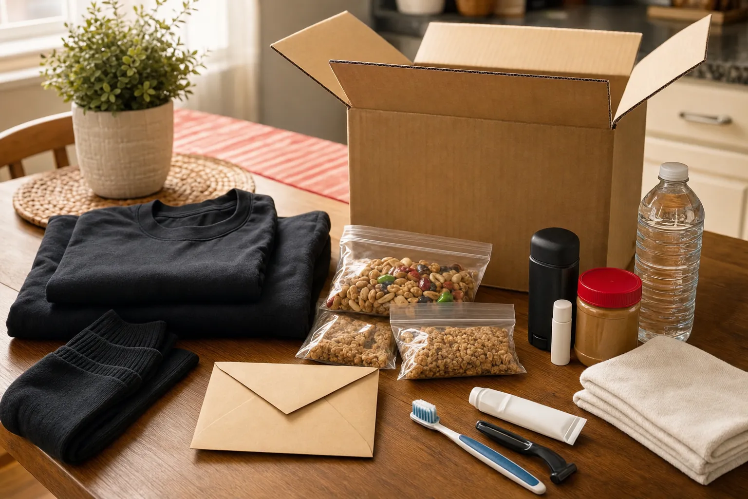A care package being packed with folded clothing, socks, snacks, toiletries, water, and a sealed letter