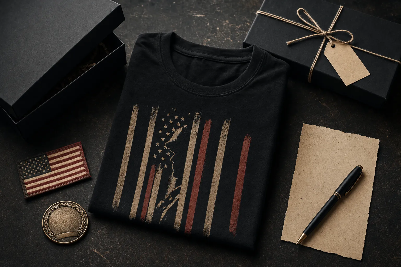 Veteran gift flat lay with a folded black shirt, flag patch, coin, gift box, and note