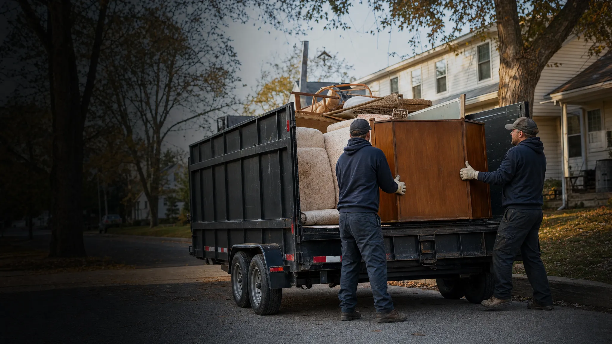 Workers loading furniture into a black utility trailer