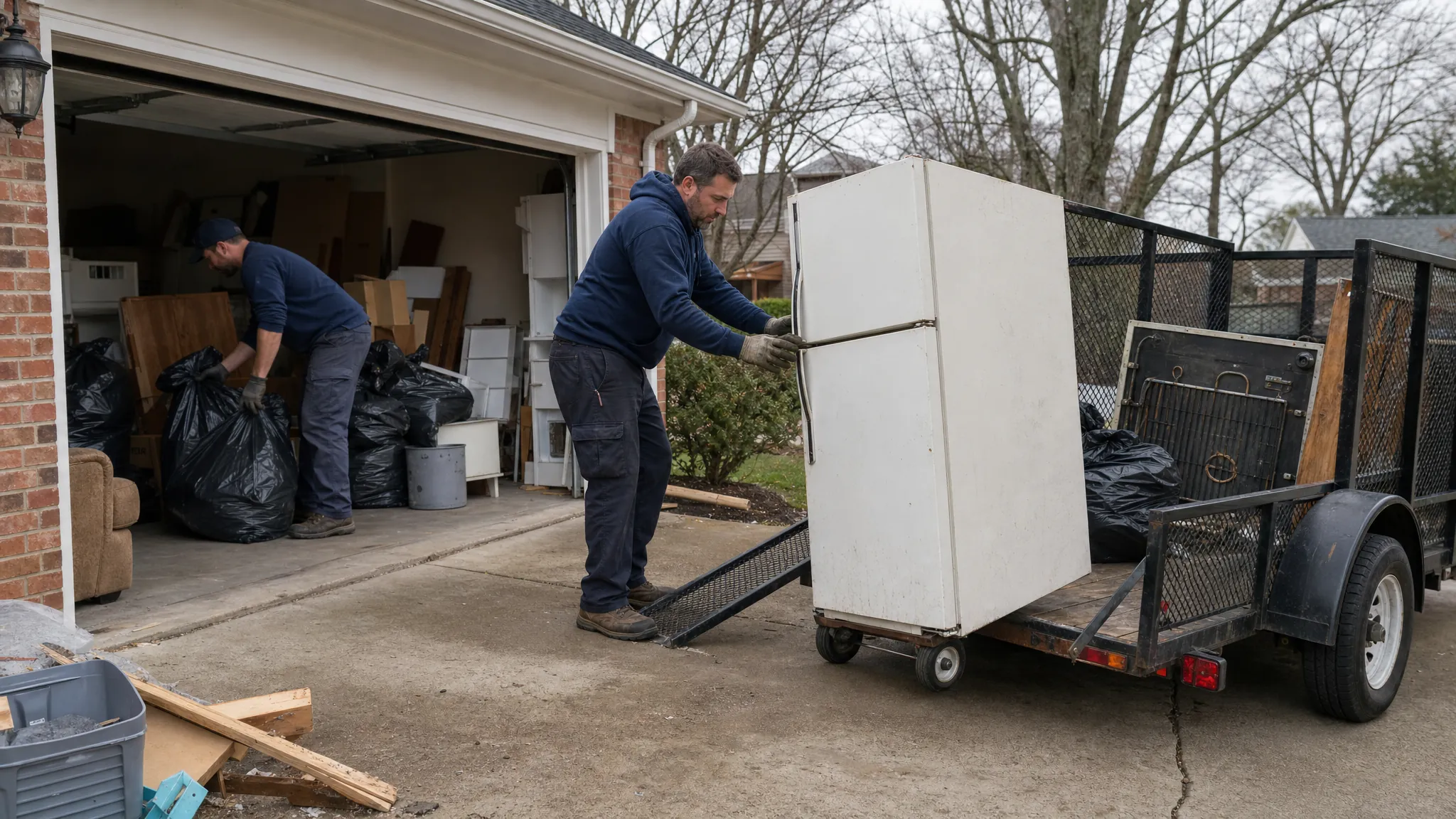 Worker moving a refrigerator during a garage cleanout