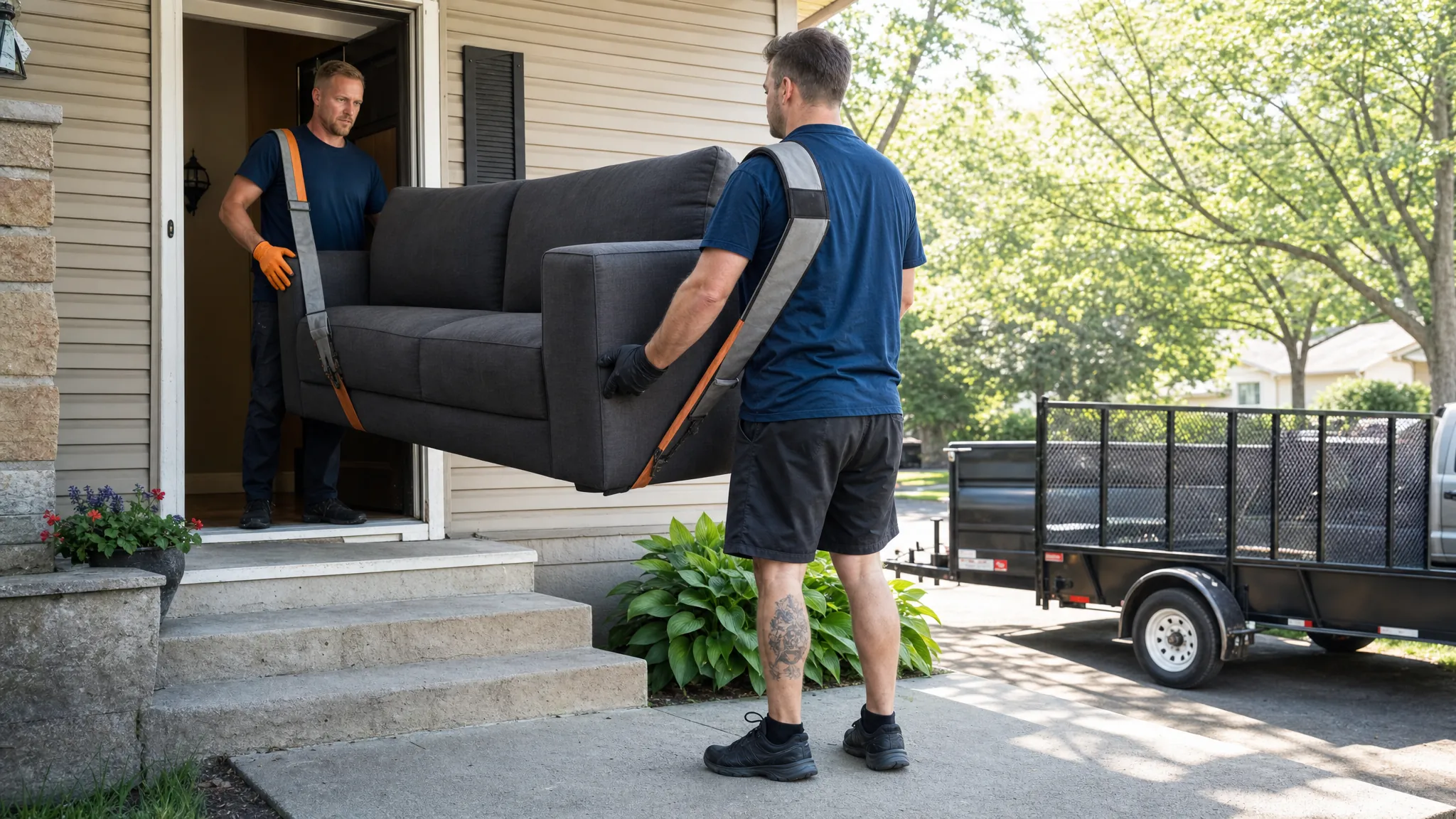 Two workers carefully carrying a sofa through a front doorway
