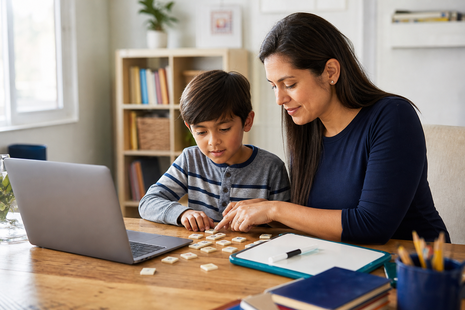 Parent and child using a laptop and letter tiles for calm reading practice