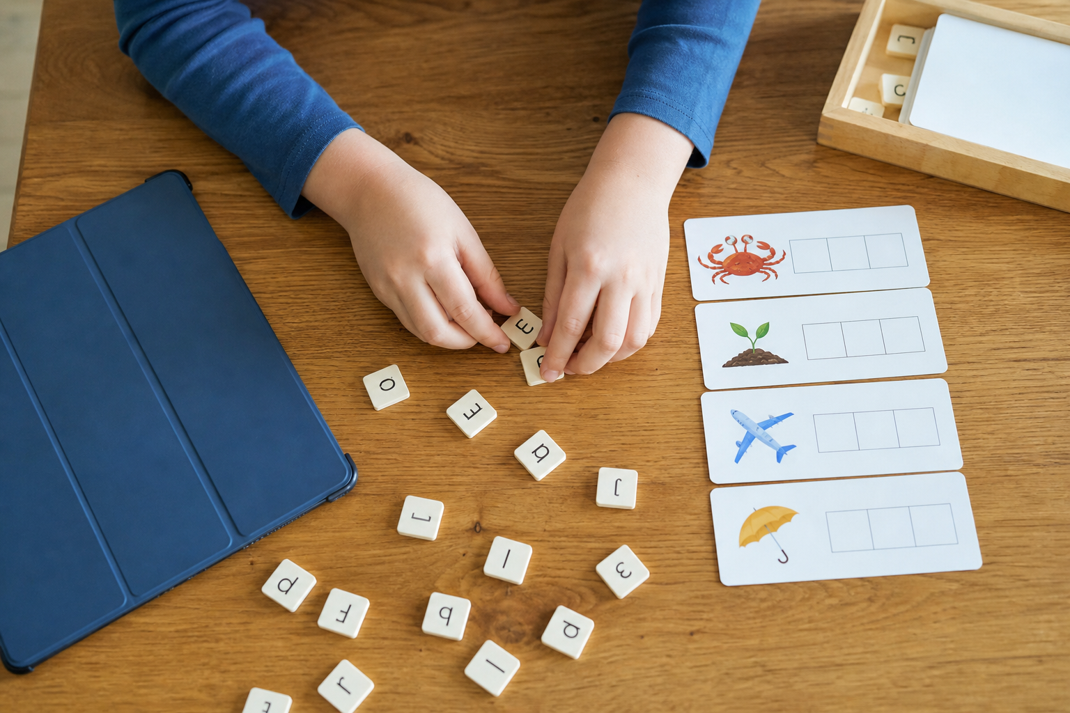 Child’s hands sorting letter tiles and word cards for hands-on practice after screen time