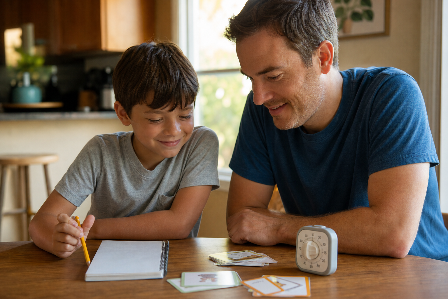 Parent and child making a short reading-practice plan with a timer and cards