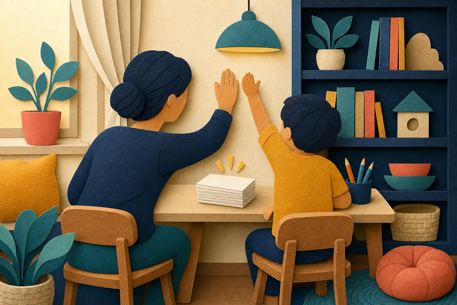 Adult and child celebrating a quiet learning success together at a home table