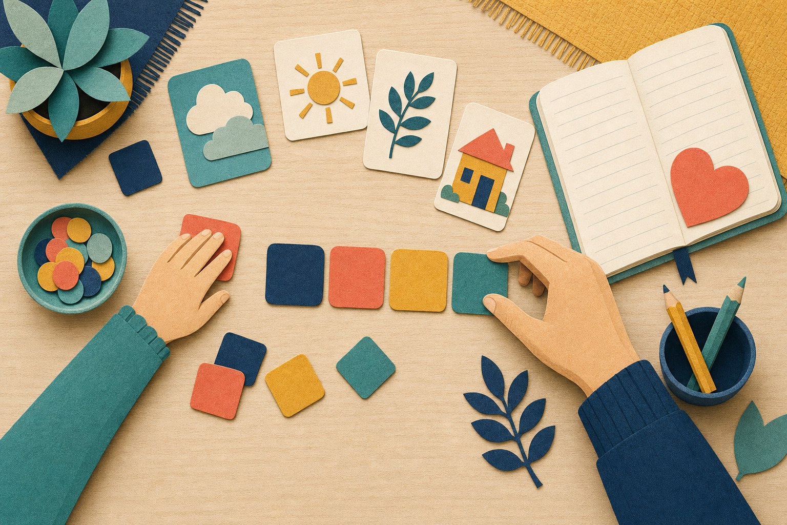 Hands arranging practice cards, a notebook, and colorful learning materials