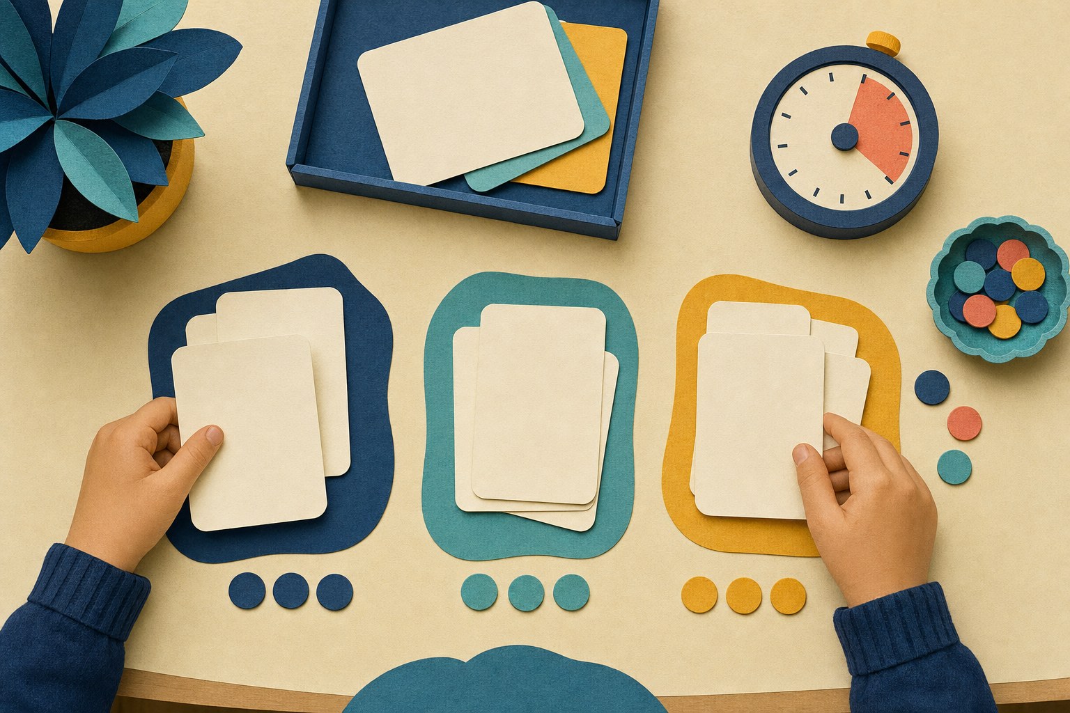 Hands sorting blank practice cards beside a timer and colorful counters