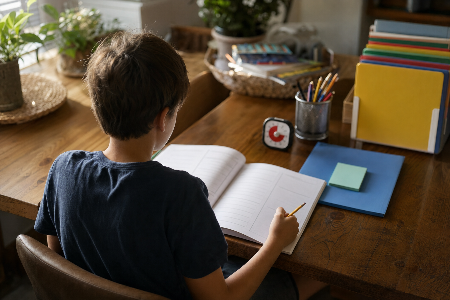 Child beginning homework at a warm home study table