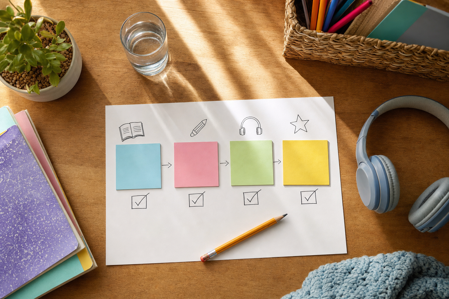 A simple visual homework plan with colored notes, headphones, and a pencil