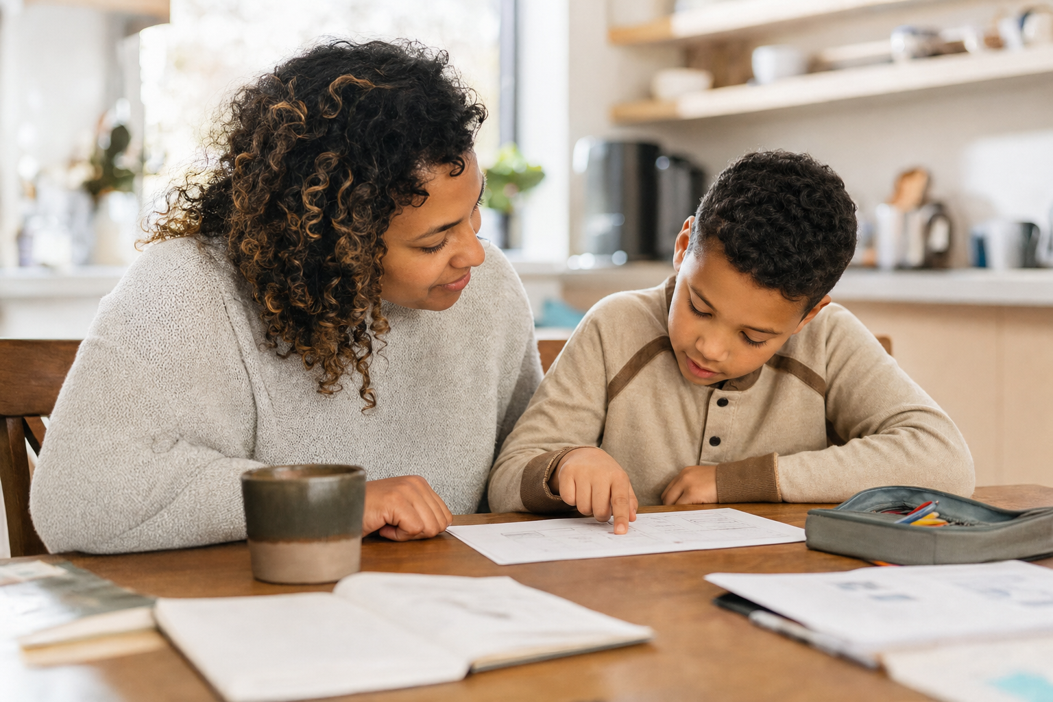 Parent and child calmly working through one step of homework together