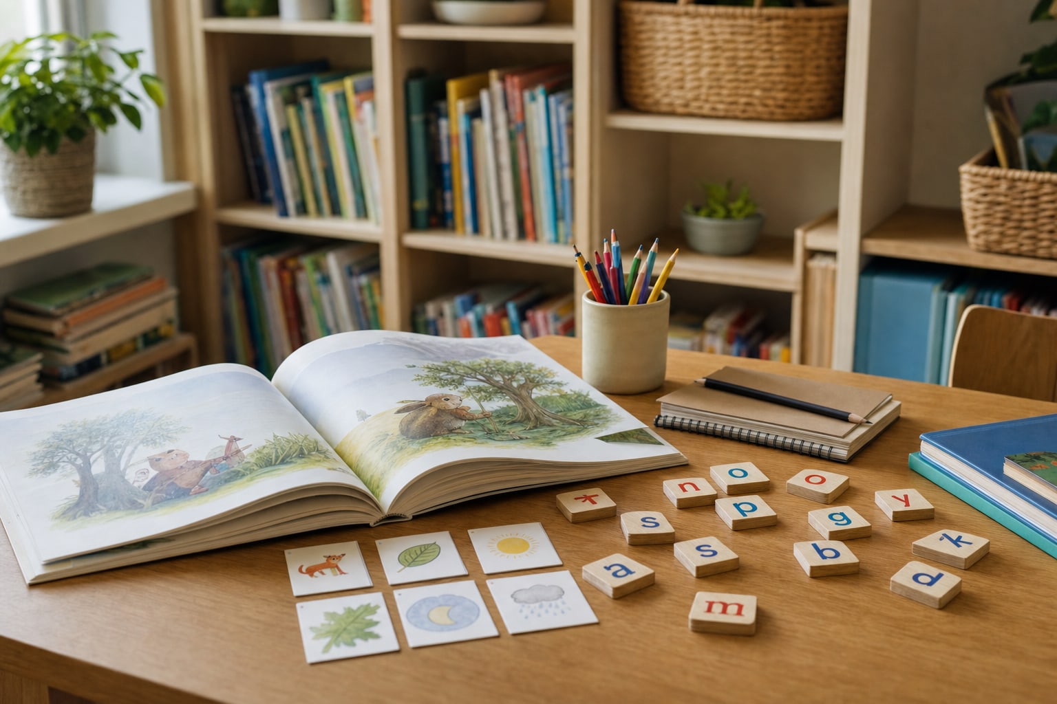 Books, letter tiles, and learning materials on a study table