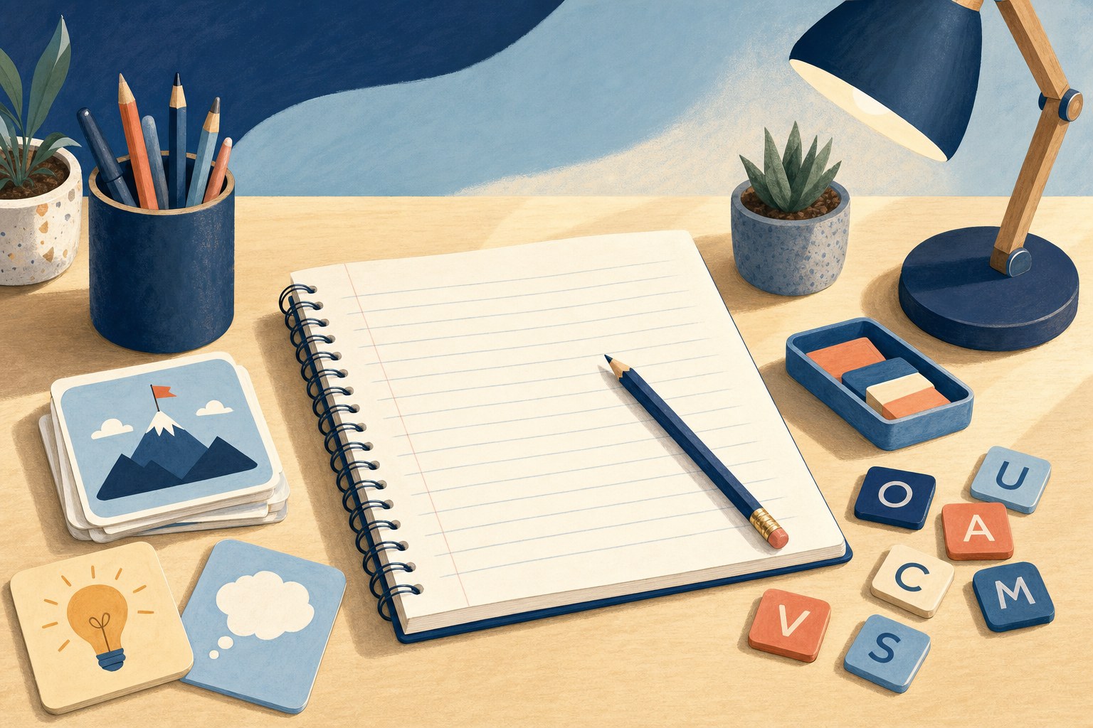 Notebook, pencil, idea cards, and letter tiles arranged on a desk