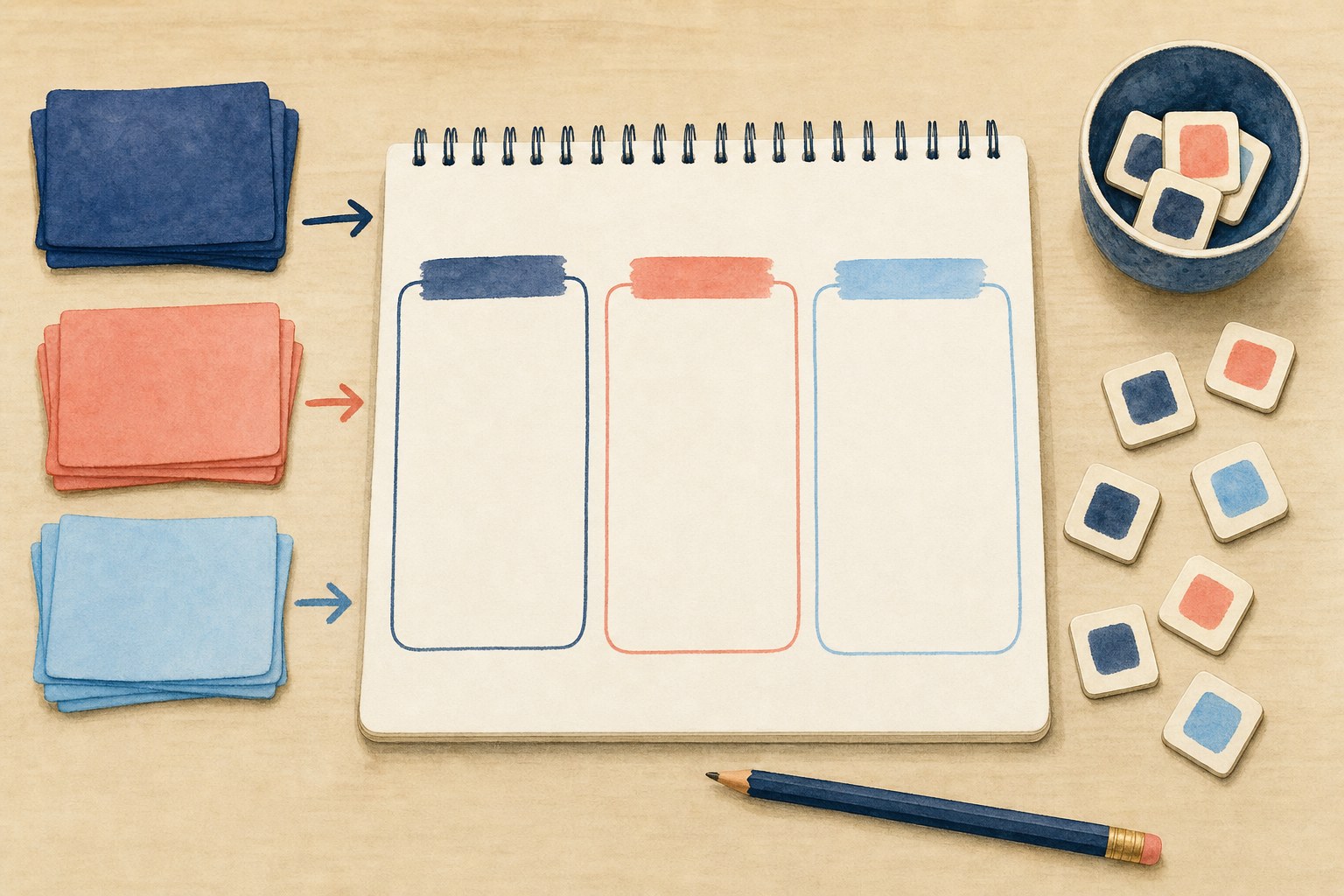 Color-coded idea cards leading to three blank planning boxes in a notebook