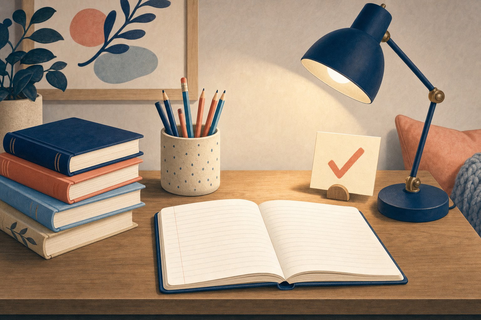 Open lined notebook, books, pencils, desk lamp, and a completion checkmark card