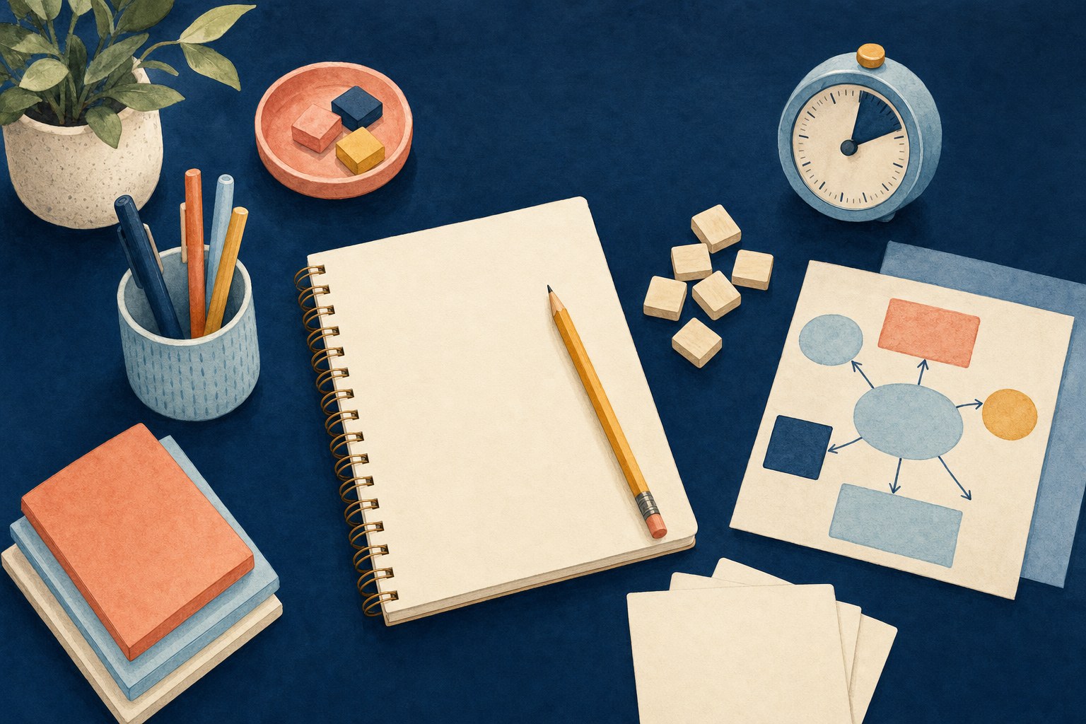 A calm writing-support plan with a notebook, pencil, timer, and blank idea cards