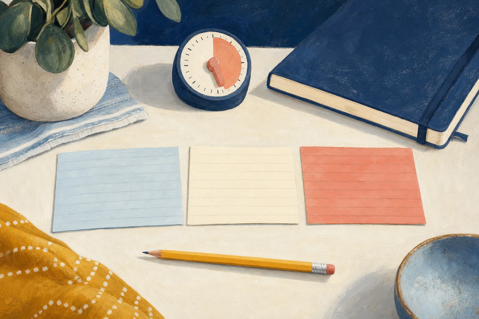 Three blank idea cards, a pencil, and a small timer arranged as a simple writing routine