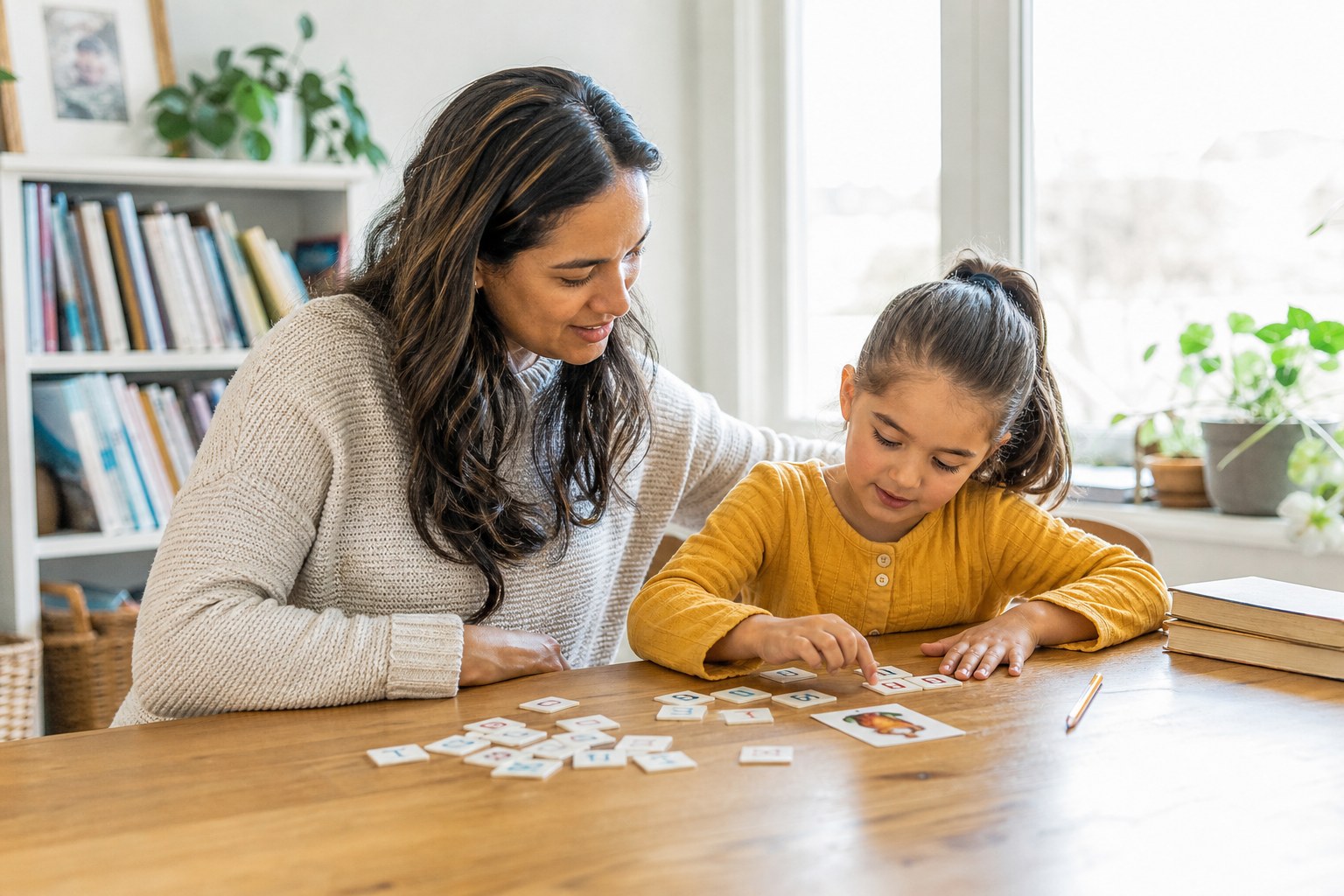 Parent and child using letter tiles together at a home table