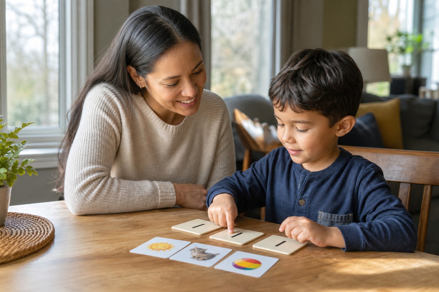 Parent and child connecting letter tiles to sounds during home learning
