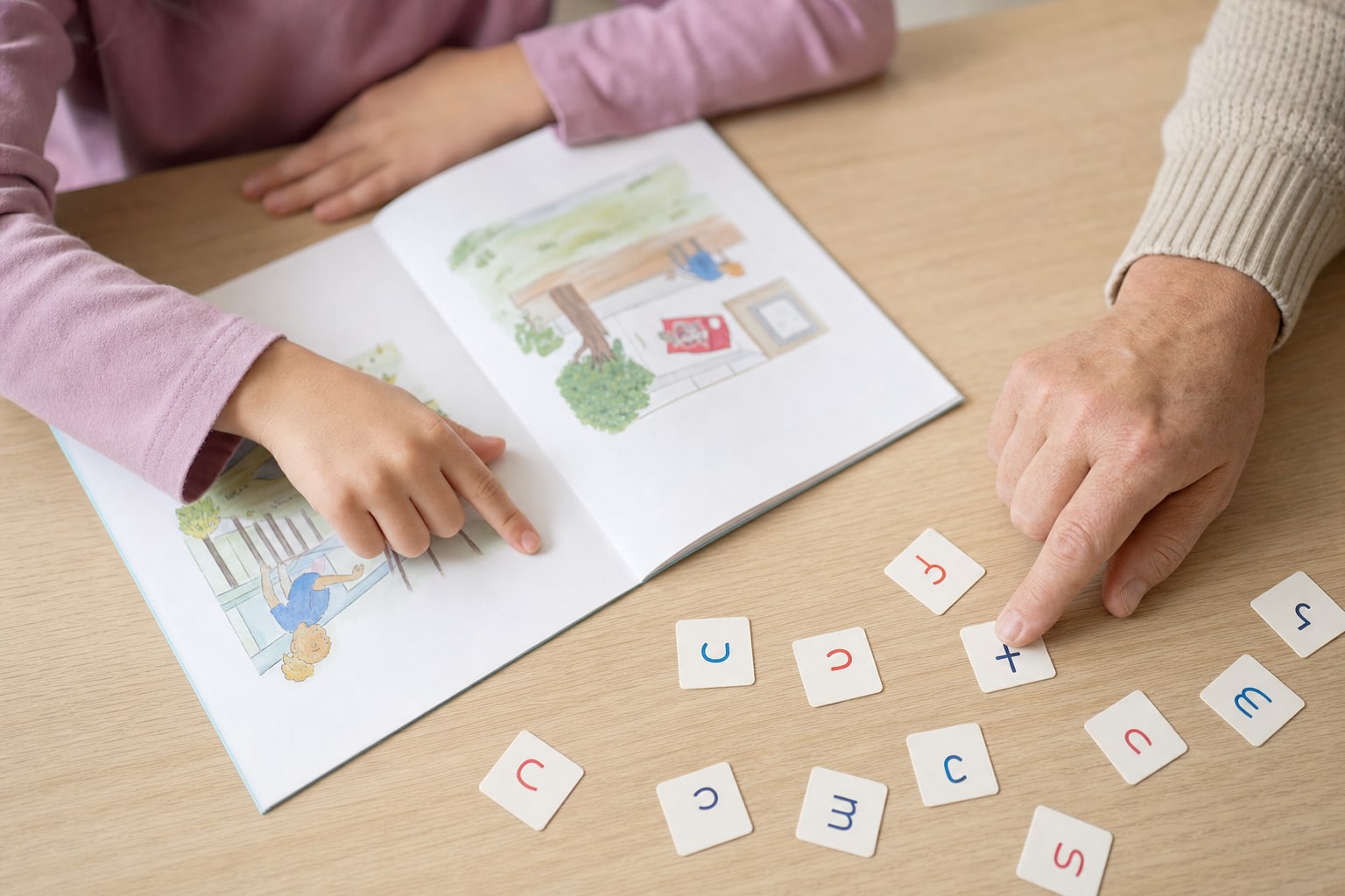 Child and adult pointing to a book and letter tiles during a decoding activity