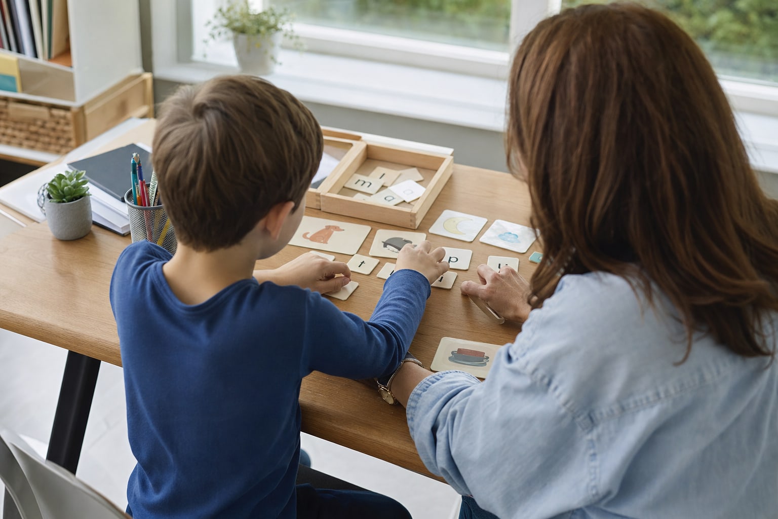 Adult and child working with reading cards and letter tiles