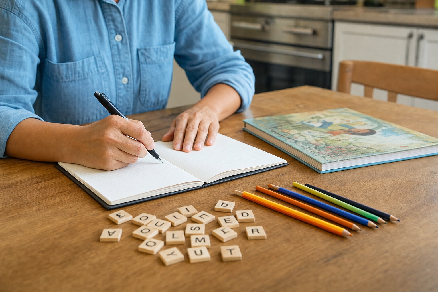 Parent writing notes beside a children's book, pencils, and letter tiles